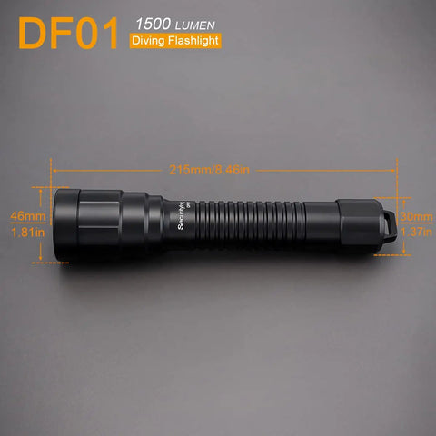 DF01 Scuba Diving Light 1500 Lumen Underwater Torch with measurements displayed on a gray background