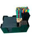 Top Tier Six Slot Bar Caddy Organizer Built From Heavy Duty Black Plastic with straws, napkins, and stirring sticks for convenience.