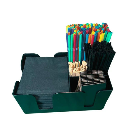 Top Tier Six Slot Bar Caddy Organizer Built From Heavy Duty Black Plastic with straws, napkins, and stirring sticks for convenience.