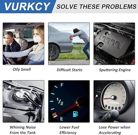 Collage of automotive issues like oily smell, difficult starts, sputtering engine, whining noise, low fuel efficiency, power loss.