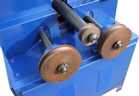Close-up of Heavy Duty Electric Pipe Tube Bender Machine With 17 Die Set showing rollers for metal tube bending.