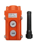 Orange rainproof up/down switch control station for cranes and hoists, with momentary push buttons, 250V 5A or 500V 2A ratings.