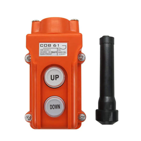 Orange rainproof up/down switch control station for cranes and hoists, with momentary push buttons, 250V 5A or 500V 2A ratings.