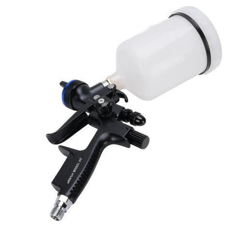 High Performance 1.3mm HVLP Paint Sprayer With 600ML Cup And Stainless Steel Nozzle side view showcasing black spray gun with cup.