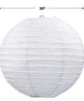 White Jumbo Paper Lantern Hanging Decoration, 30 Inch Diameter with metal supports and clear cord, shown with measurement markings.