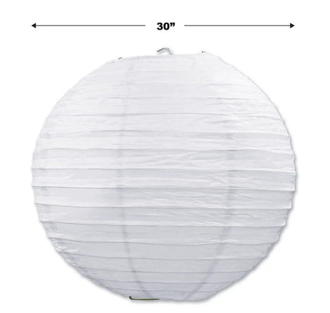 White Jumbo Paper Lantern Hanging Decoration, 30 Inch Diameter with metal supports and clear cord, shown with measurement markings.