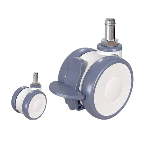 Two sizes of Five 2.5 Inch TPR Stem Silent Swivel Casters With Built In Brakes For Office Chairs and Furniture, white and gray design