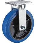 Heavy Duty Rigid Plate Caster With Four Inch Rubber Tread And Rock Solid Nylon Core Three Hundred Pound Capacity Smooth Rolling Industrial Hardware For Cart Projects Built Tough No Hassle Daily Driver Glide - close-up view of blue rubber tread.