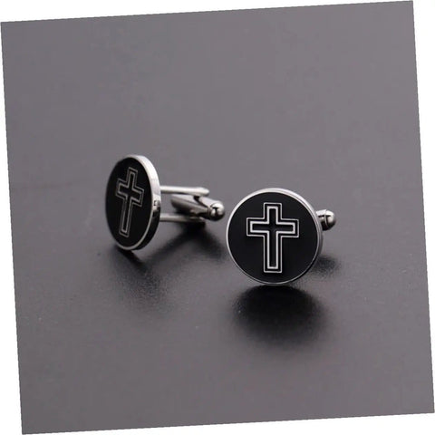 Cross Cufflinks For Men Titanium Steel Decor Fasteners Black Shirt Buttons 1 Pair on black background