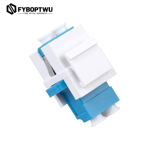 Close-up of a blue and white LC duplex singlemode keystone jack coupler for fiber wall plate connector, LC to LC cable adapter.