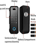 Heavy Duty Fingerprint Smart Deadbolt Lock With Numeric Keypad And Password Access Featuring No Fuss Keyless Entry Installation features display, keypad, and battery compartment.