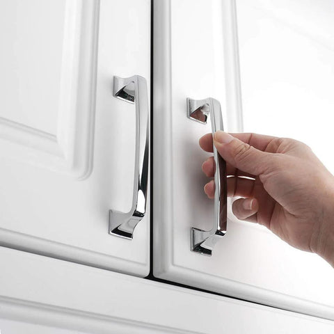 Hand using 10 Pack 5 Inch Polished Chrome Kitchen Cabinet Pulls And Handles Set Solid Metal Contemporary Square Arch Cabinet Hardware.