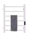 6 Bar Electric Towel Warmer Rack Wall Mount Plug In Bath Towel Heater Black Finish with a towel on the rack