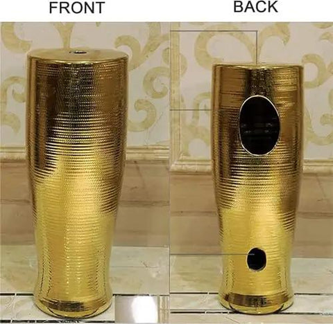 Straight Up Sleek 16 Inch Gold Ceramic Vessel Sink Pedestal Washbasin With Faucet And Drain High Gloss Porcelain Vanity Basin For Modern Bathrooms Super Tough And Quick To Clean - Front and back views of the gold ceramic pedestal sink.