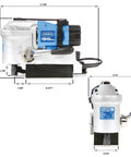Lightweight Portable Magnetic Drill Press Built Like A Tank With Massive 3300 Lbs Pull Force And Compact Low Profile Design For Hassle Free Metalworking Up To One Three Eighths Inch Diameter side view with dimensions