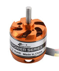 Beefy 910KV Brushless Outrunner Motor For RC Planes And Drones, orange and silver, side angle with wire connectors.