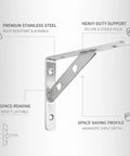 Beefy Heavy Duty Stainless Steel Wall Shelf Bracket L Shape Support for kitchen bath and garage storage, silver finish
