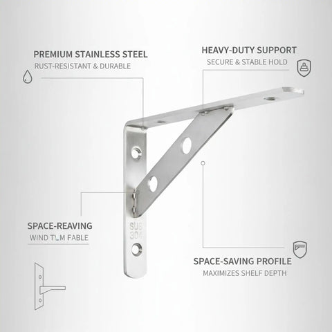 Beefy Heavy Duty Stainless Steel Wall Shelf Bracket L Shape Support for kitchen bath and garage storage, silver finish