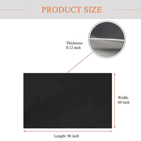 Black suede headliner fabric with foam backing; size diagram shows 96" L × 60" W, 0.12" thick.