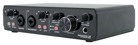 Front view of Premium USB Audio Interface with dual mic preamps, gain knobs, and USB 2.0 connectivity for home studio use.