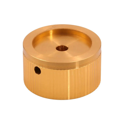 Premium Cnc Aluminum Potentiometer Knobs Built Tough With A Rock Solid Frame And Anti Slip Grip For Home Audio Gear Amplifiers Dacs And Turntables 2 Piece Set - Gold knob viewed from the top, showcasing ridged design.