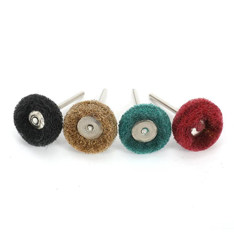 Solid 40 Pc Abrasive Nylon Buffing Wheel Set For Rotary Tool And Drill Rust Deburring Smooth Metallic Polish Efficient Shiny Finish For Metal Non Metal Jobs - Four assorted nylon buffing wheels with different colors.