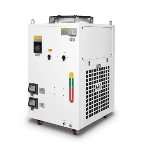 Pro Grade Industrial Water Chiller Cuts The Heat For CNC Spindles And Laser Engravers, white metal unit on wheels.
