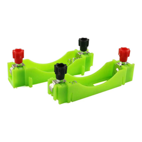 Two green plastic battery holders from the Circuit Learning Kit For Kids, Simple Circuit Physics Educational Box, Electrical Experiments Set For Elementary Students, STEM Teaching Instrument To Learn Series And Parallel Circuits With Kid Friendly, Hands On, Durable Materials And PLA Accessories
