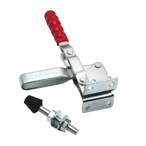 Heavy Duty Quick Release Vertical Toggle Clamp Kickass Workshop Tool with red handle and metal base for woodworking.