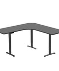 Rock Solid Corner Standing Desk Rig In Matte Black With Lightning Fast Height Adjustments And Split Tabletop Design, L-shaped workstation.
