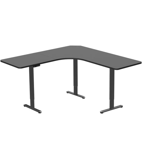 Rock Solid Corner Standing Desk Rig In Matte Black With Lightning Fast Height Adjustments And Split Tabletop Design, L-shaped workstation.