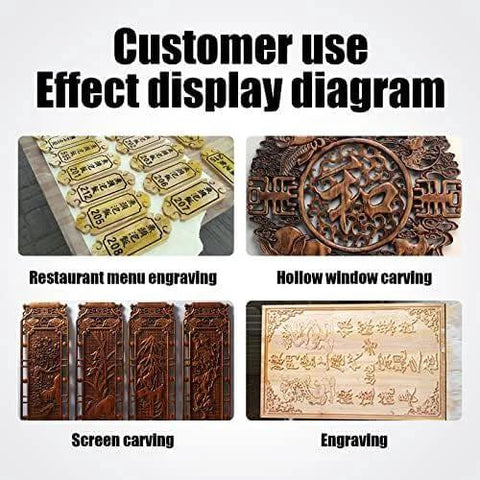 Engraving router bit set display: 4 sample applications: menu engraving, window carving, screen carving, engraving.