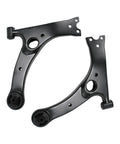 Pair of black metal front lower control arms with bushings for Toyota Corolla suspension