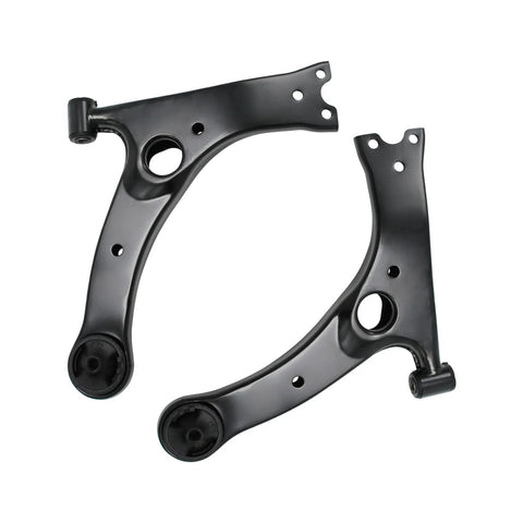Pair of black metal front lower control arms with bushings for Toyota Corolla suspension