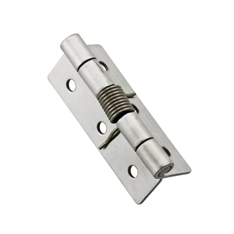 Automatic Spring Hinge Hardware With Fast Resetting Mechanism Smooth Self Closing Design in sleek metal finish.