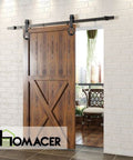 Black Rustic Non Bypass Sliding Barn Door Hardware Kit For One Door With 4 Foot Flat Track And Puppy Paw Roller installed view.