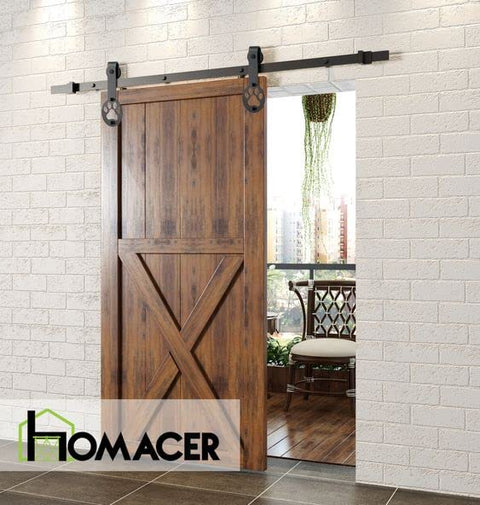 Black Rustic Non Bypass Sliding Barn Door Hardware Kit For One Door With 4 Foot Flat Track And Puppy Paw Roller installed view.