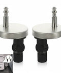 Premium Quick Release Toilet Seat Hinge Kit With Top Mount Hardware Includes Screws And Nuts For Standard Toilets. Two black and silver hinge fittings.