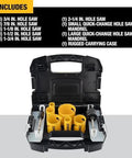 Front view of DEWALT bi-metal hole saw kit in black case with multiple yellow hole saws.