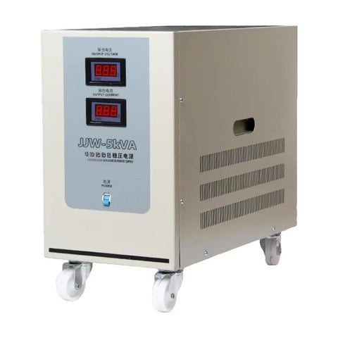 Top Shelf Industrial 220V Single Phase AC Voltage Regulator with digital display and wheels for easy mobility.