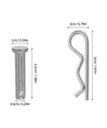 122 Piece Stainless Steel Clevis Pin And Cotter Pin Kit showing two pins with dimensions for trailer hitches and machinery repairs