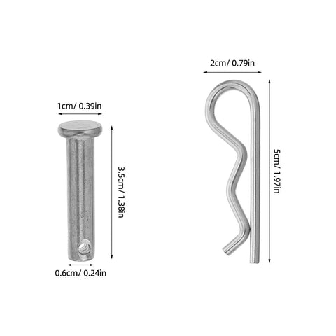 122 Piece Stainless Steel Clevis Pin And Cotter Pin Kit showing two pins with dimensions for trailer hitches and machinery repairs