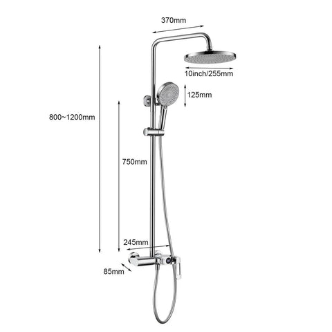 RIBEUJIZS Shower System, 10inch/25cm Round Rain Shower Set, detailed dimensions of modern chrome shower faucet set.
