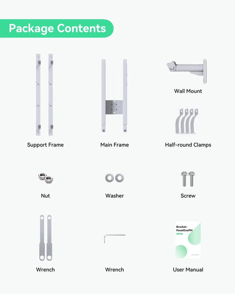 Package contents of Heavy Duty Pole Mount Bracket For Solar Panels 50W To 150W, including frames, clamps, and accessories