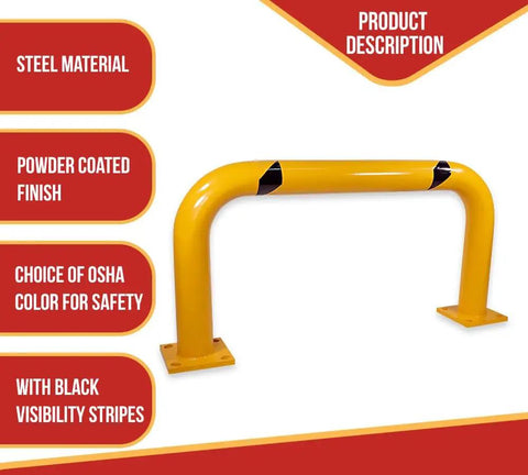 Two Pack Rugged Industrial Grade High Profile Steel Guard Rail Safety Barrier Yellow Powder Coat With Black Visibility Stripes Floor Mounted Bolt On For Warehouses And Parking Areas 24 By 48 Inch, featuring steel material and powder-coated finish.