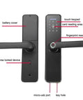 Smart Fingerprint Door Lock With 5-in-1 Unlocking Methods For No-Fuss Access, WiFi Connected Anti-Theft Security, fingerprint reader, touch keypad, micro-USB port, card reading area, battery cover.