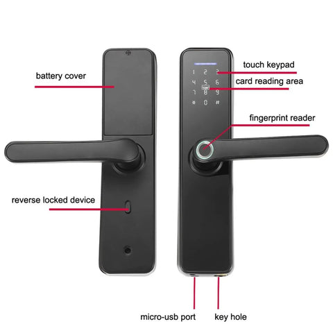 Smart Fingerprint Door Lock With 5-in-1 Unlocking Methods For No-Fuss Access, WiFi Connected Anti-Theft Security, fingerprint reader, touch keypad, micro-USB port, card reading area, battery cover.
