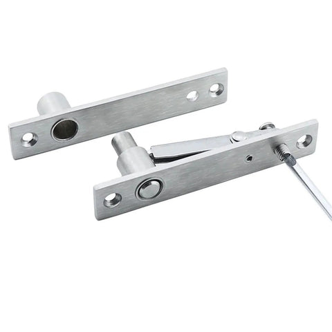 360 Degree Stainless Steel Swing Door Pivot Hinge for Concealed Bookcase shown detached, highlighting metal finish and holes for installation.