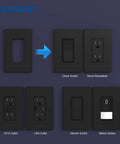 Diagram of Screwless 1 Gang Wall Plate Mid Size Matte Black Unbreakable Thermoplastic Faceplate Cover For Decorator Receptacle Outlet And Switch UL Listed 5 Pack on various switches and outlets.