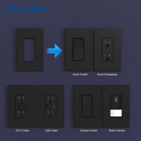 Diagram of Screwless 1 Gang Wall Plate Mid Size Matte Black Unbreakable Thermoplastic Faceplate Cover For Decorator Receptacle Outlet And Switch UL Listed 5 Pack on various switches and outlets.